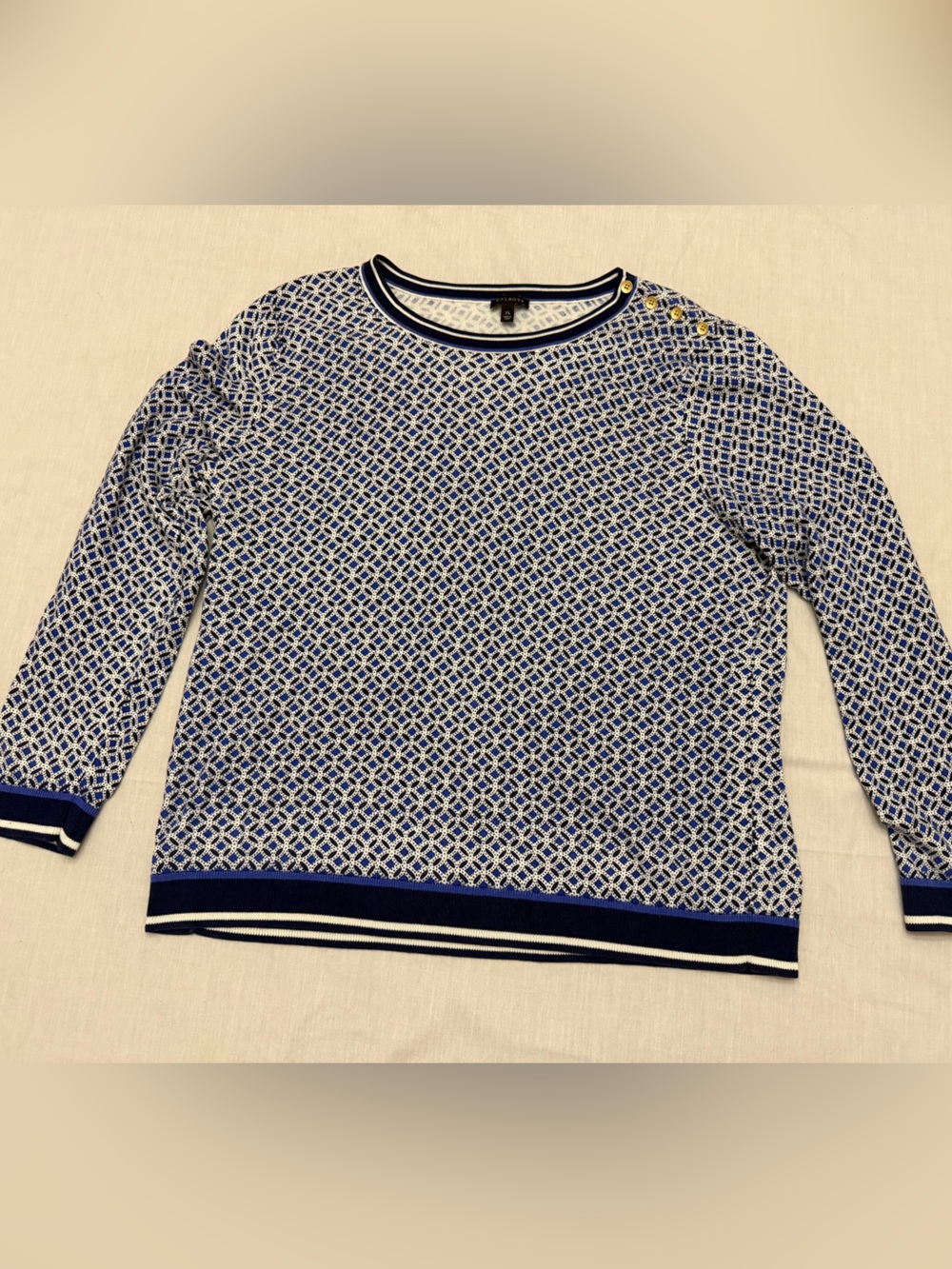 Talbots Navy and White Geometric Crewneck Sweater with Gold Buttons